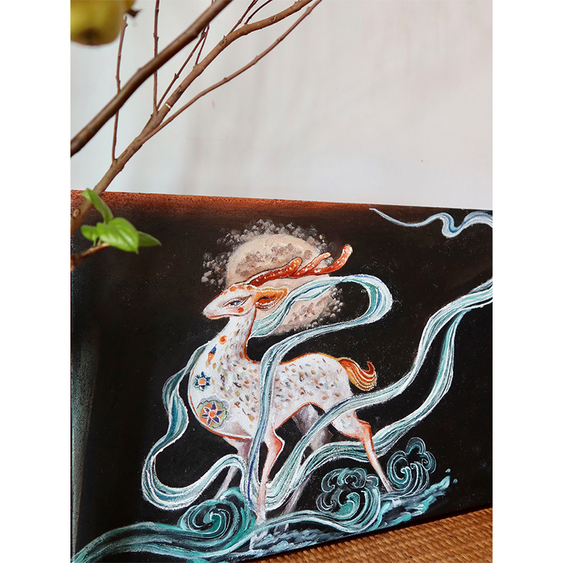 珍稀石刻感手绘敦煌壁画《九色鹿》吉祥装饰画客厅卧室挂画