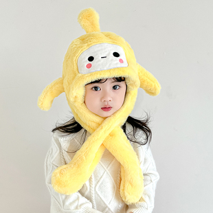 耳朵会动蛋仔保暖帽儿童帽子围巾一体帽秋冬加绒帽男童女孩防寒帽