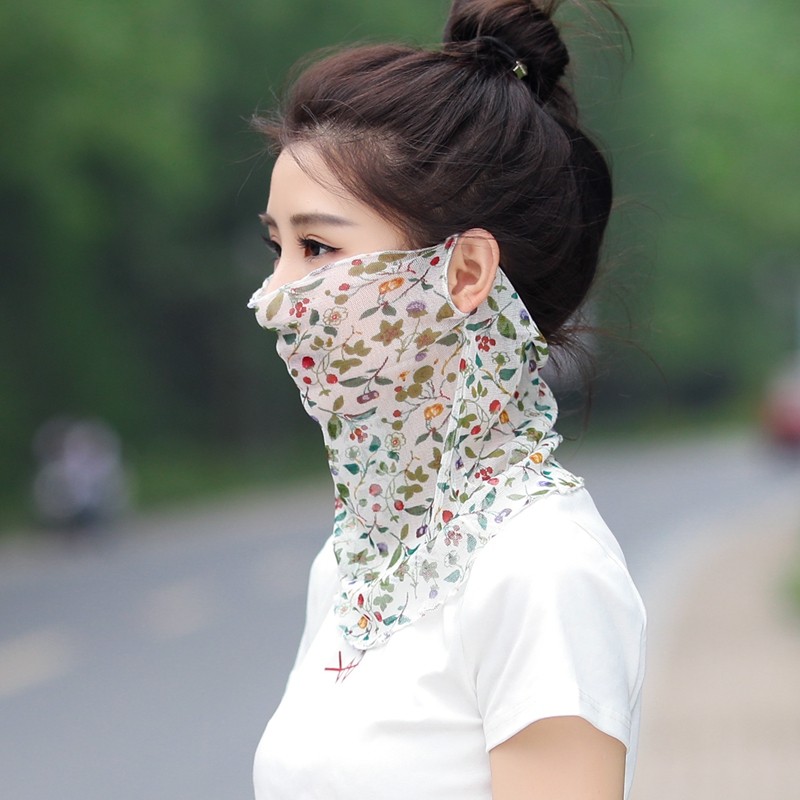 真丝面纱套头围脖桑蚕丝印花丝巾女轻薄遮阳防晒面罩护颈遮脸脖套