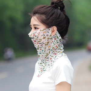 真丝面纱套头围脖桑蚕丝印花丝巾女轻薄遮阳防晒面罩护颈遮脸脖套