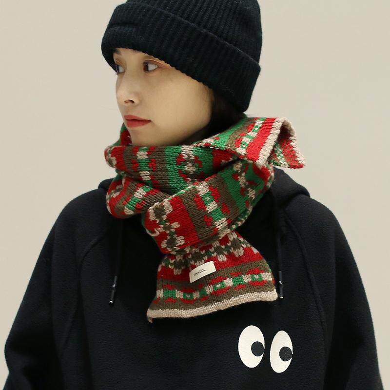 100%纯羊毛高级感提花围巾女冬季加厚针织保暖围脖圣诞氛围感送礼