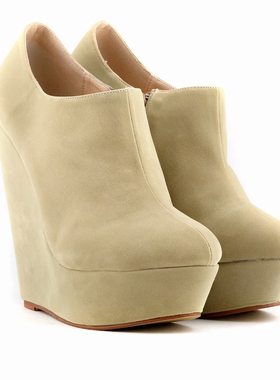 大码41 42码春秋款坡跟厚底防水台14CM超高跟时尚绒面单裸靴短靴