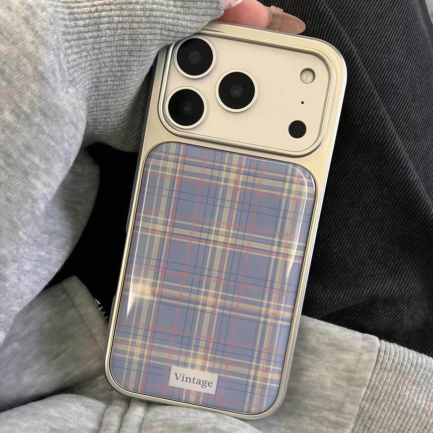 新款简约撞色蓝格纹苹果17Promax适用17Pro艺术复古风16Promax高级感15个性小众14全包保护套13防摔手机壳女