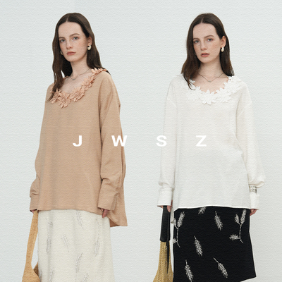 JWSZ“法式浪漫”亚麻混纺手工立体花朵设计长袖衬衫