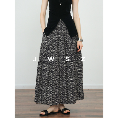 JWSZ 法式度假风超大裙摆中古印花半身长裙
