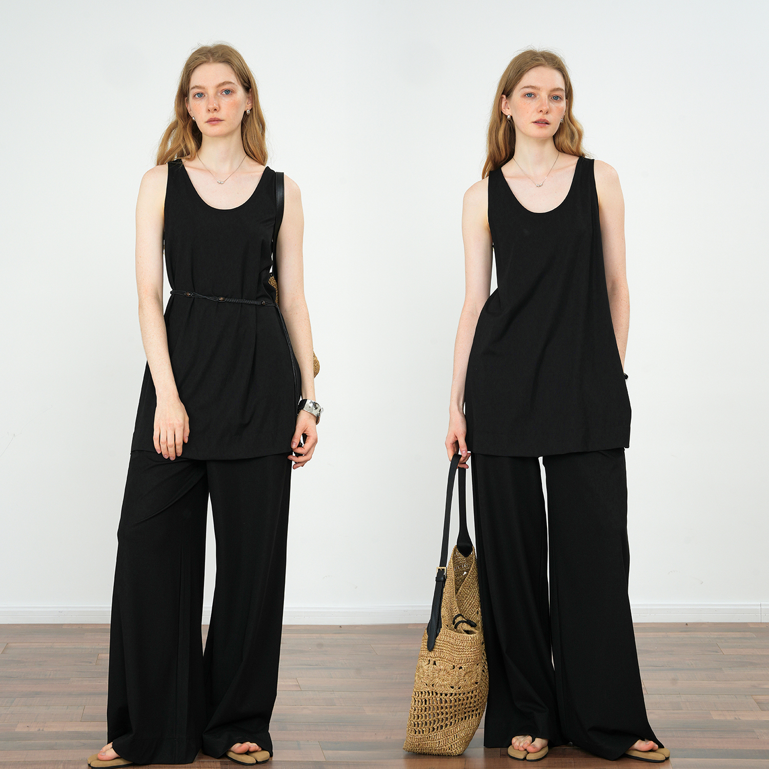 JWSZ高智感廓形松弛感纸片人垂感U领背心宽松阔腿裤套装