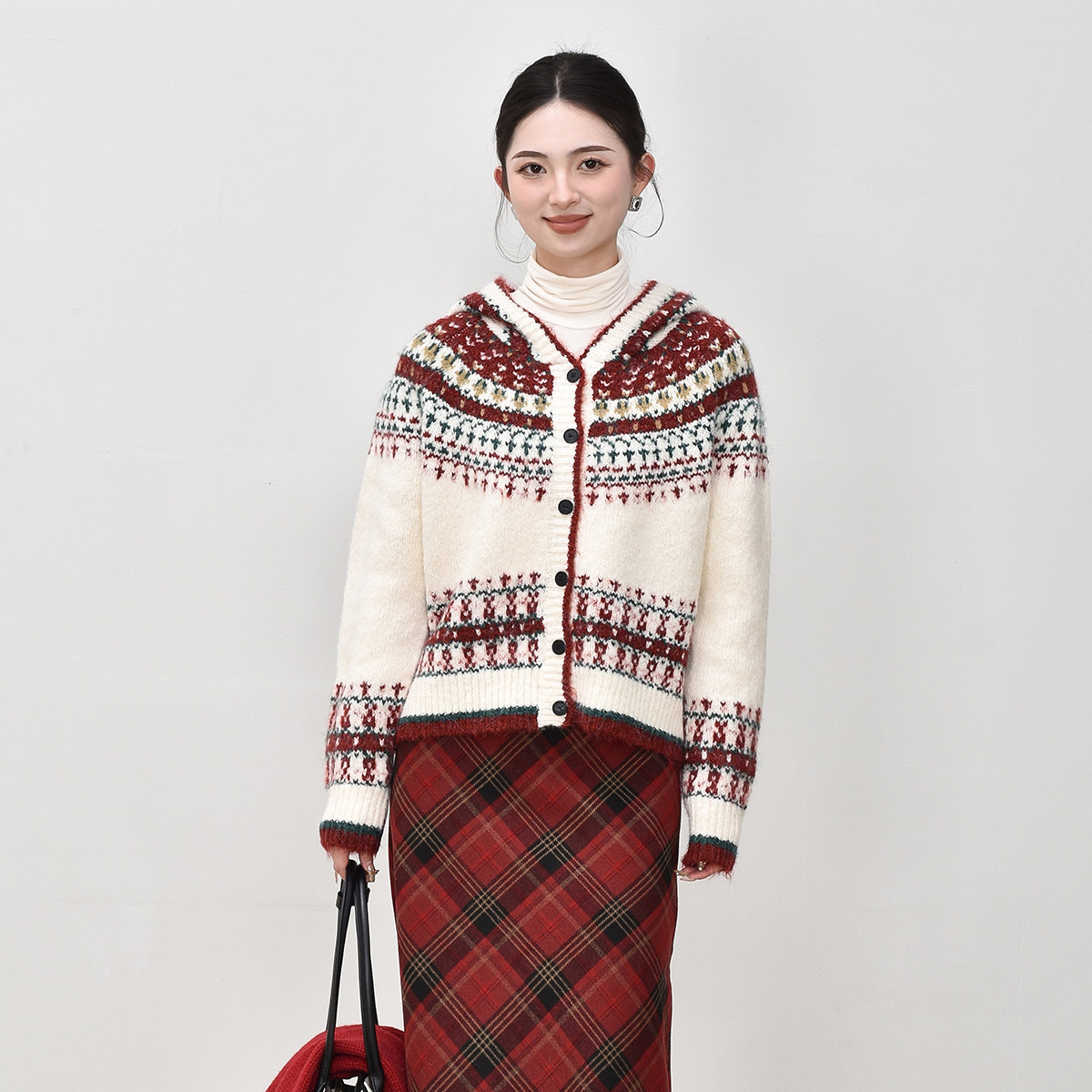 九五氏长费尔岛连帽针织开衫女秋冬新款休闲宽松毛衣外套