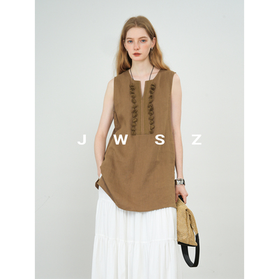 JWSZ“法式浪漫”老钱度假100%汉麻手工流苏重工刺绣无袖上衣背心