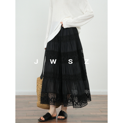 JWSZ 法式优雅镂空钩花拼接半身裙大摆围垂感宽松长裙