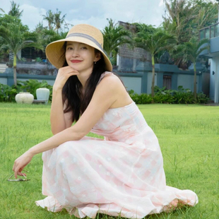 Brownhat李冰冰同款夏季优雅独家新款草编下榻沿拉菲草帽女遮阳帽