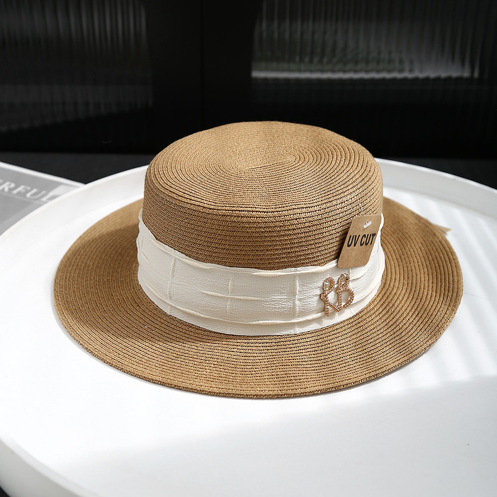 草帽女夏海边遮阳防紫外线百搭平沿帽女韩版防晒太阳帽平顶大头