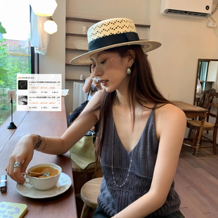 度假帽子米白色手工花样镂空编织平顶草帽女 法式 小香风格 春夏新款