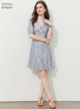 夏季淑女V领条纹收腰显瘦连衣裙