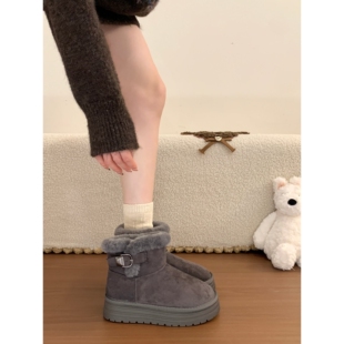 UGG桑坡厚底灰色加绒加厚中筒雪地靴女2026新款冬季保暖毛毛鞋棉