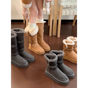 UGG灰色长筒雪地靴女2026冬季新款厚底中筒加绒东北棉鞋保暖高筒