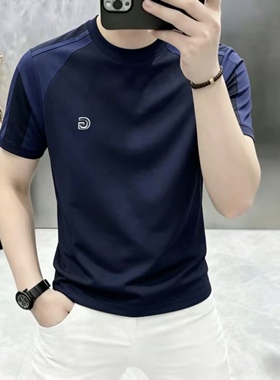 高档夏季新款男士圆领拼接短袖T恤时尚百搭潮流帅气半袖男装98635