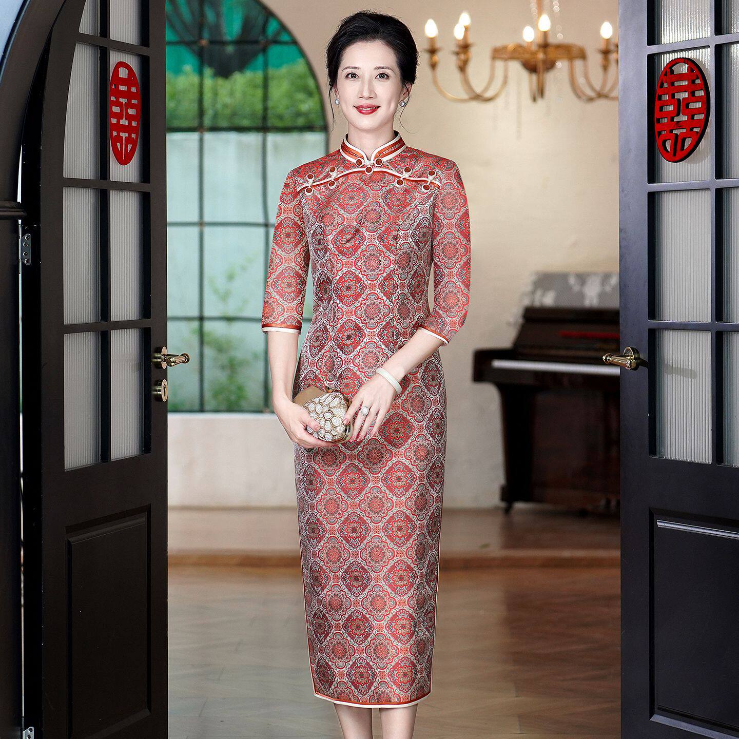 喜婆婆婚宴高档服装优雅气质春夏新款旗袍连衣妈妈晚礼服长袖6033