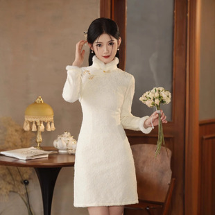 小个子旗袍短款女冬装长袖加绒国风修身显瘦改良少女年轻款旗袍裙