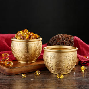 新款黄铜百福缸招米缸拉丝聚宝盆装元宝铜钱精雕对联缸财礼品摆件