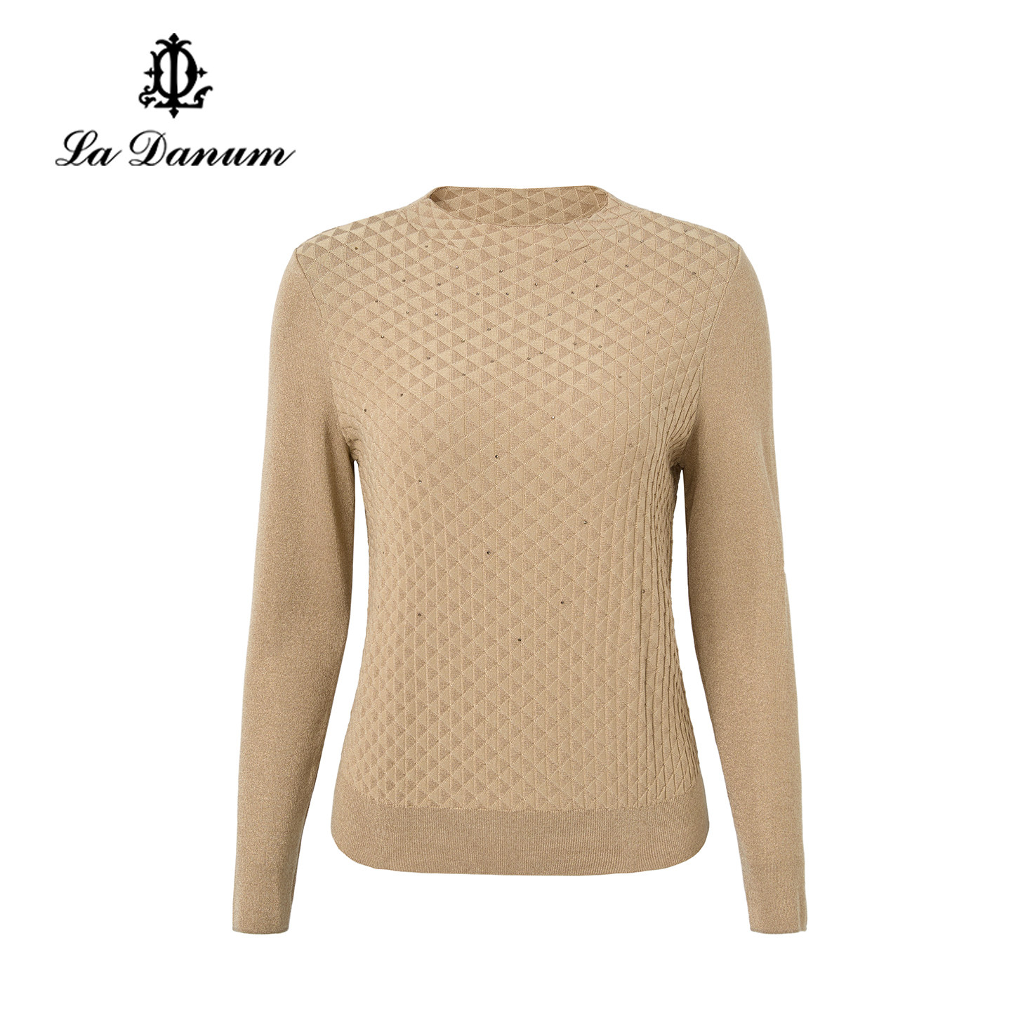 阿丹娜卡其几何提花烫钻针织衫