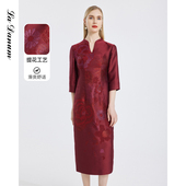 阿丹娜春秋女装 红色提花V领连衣裙子修身 收腰礼服礼裙气质宴会