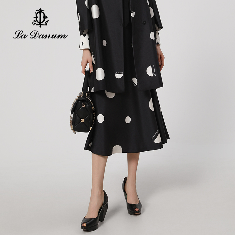 阿丹娜黑色法式波点A字半身裙