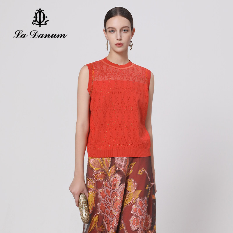 阿丹娜橘红烫钻提花针织背心