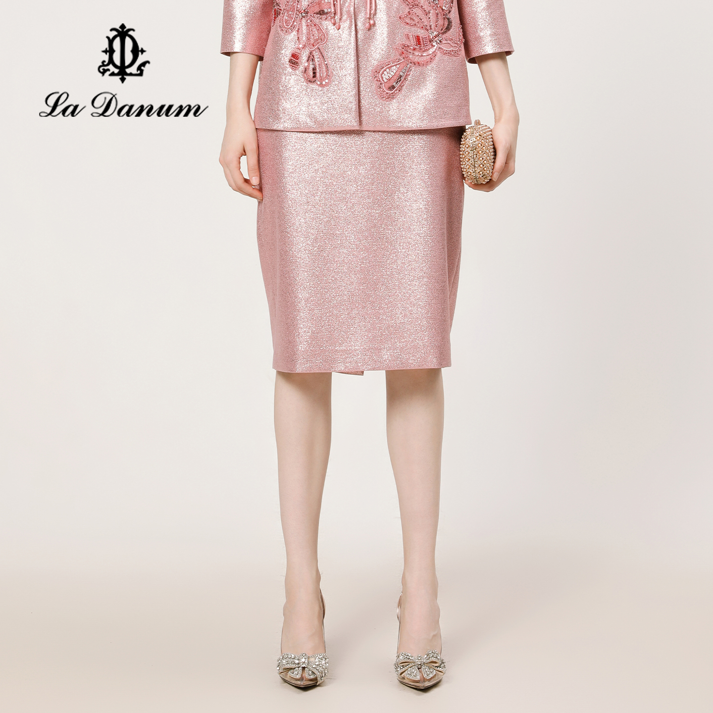 阿丹娜粉色闪粉直筒及膝半身裙