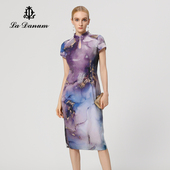 官方正品 阿丹娜女装 紫色印花珠片旗袍新中式 连衣裙子时尚 夏季 新款