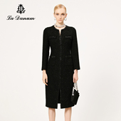 小香风官方旗舰店正品 阿丹娜秋冬新款 黑色绵羊毛混纺连衣裙子修身