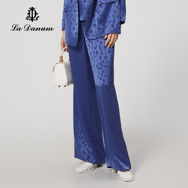 阿丹娜蓝色醋纤混纺提花西裤