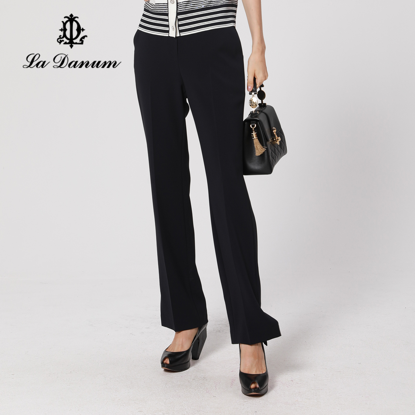 阿丹娜黑色三醋酸混纺直筒长裤