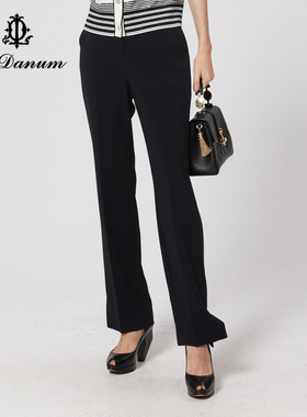 阿丹娜春秋女裤黑色三醋酸混纺直筒开叉长裤通勤时尚LRS610PNX0