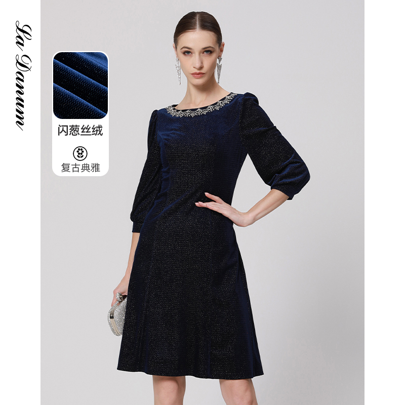 阿丹娜闪葱丝绒钉珠连衣裙