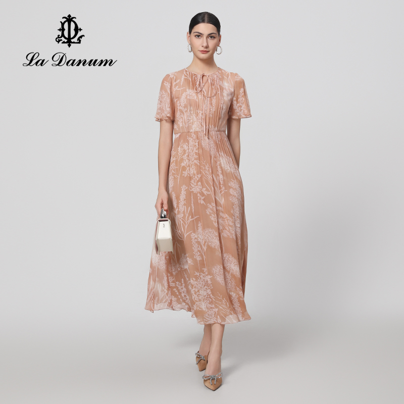 阿丹娜卡其印花桑蚕丝连衣裙