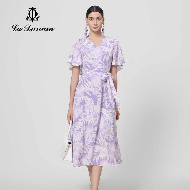 阿丹娜紫色印花桑蚕丝连衣裙