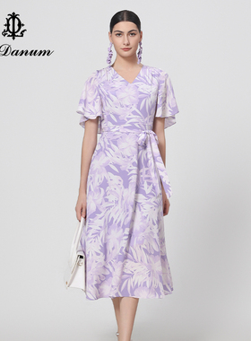 阿丹娜2025春夏新款紫色印花桑蚕丝连衣裙子V领收腰短袖官方正品