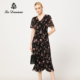 女黑色印花桑蚕丝V领收腰连衣裙子官方旗舰店正品 阿丹娜夏季 新款