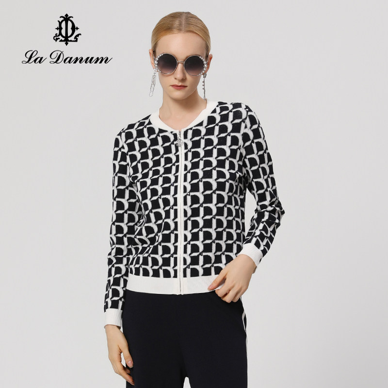 阿丹娜黑色提花钉珠针织开衫