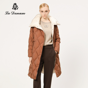 冬季新款La Danum阿丹娜女装棕色连帽鹅绒羽绒服中长廓形时尚保暖