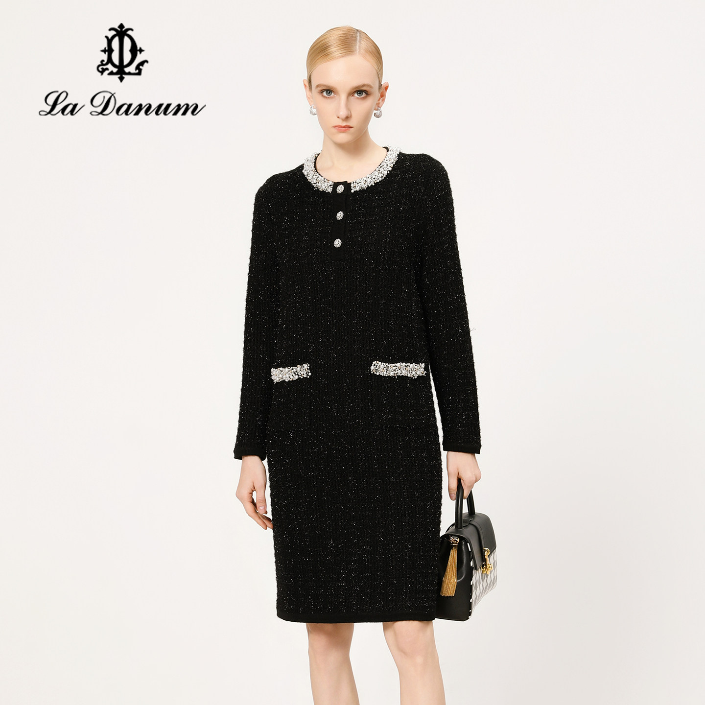 秋冬新款La Danum阿丹娜黑色钉珠闪葱针织连衣裙子小香风圆领长袖,女装/女士精品,连衣裙,淘宝优惠券,粉丝福利购,淘宝优惠卷