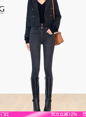 SJOG塑形又提臀~加绒黑色靴裤高腰牛仔裤女九分紧身小脚裤铅笔裤