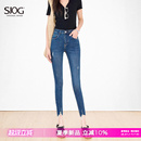 小脚裤 SJOG轻薄面料 修身 深蓝显瘦高弹紧身破洞九分牛仔裤 女夏季