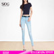 小脚裤 SJOG超薄面料 修身 女夏季 浅蓝高弹紧身破洞九分牛仔裤