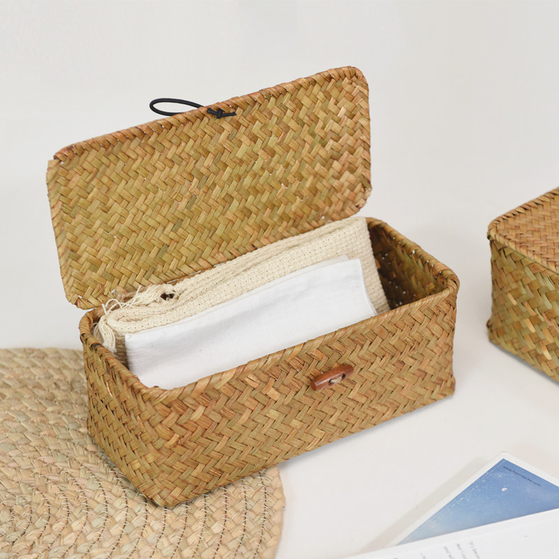 复古海草编织收纳盒带盖藤编收纳筐桌面整理箱竹编篮零食储物盒子