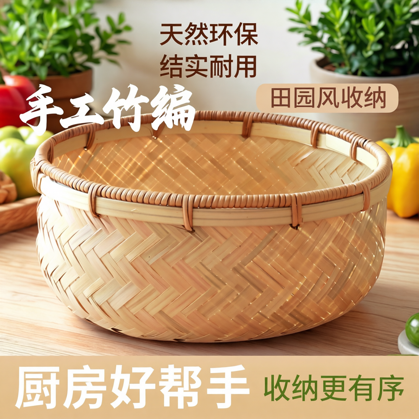 手工竹编蔬菜收纳篮田园风竹篓篮筐厨房鸡蛋筐藤编编织篮果盘竹筐