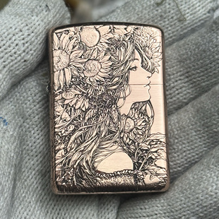 紫铜铠甲煤油打火机5面精雕葵花女孩支持私人订制照片送礼收藏