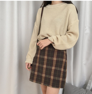 胖mm秋冬新款大码毛呢复古格子半身裙百搭松紧腰短裙冬裙女学生