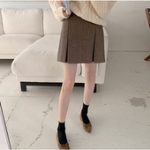 斜纹毛呢半身裙设计感小众褶皱短裙女秋冬大码 松紧高腰显瘦A字裙