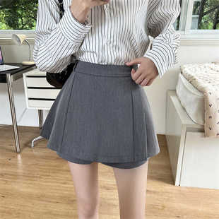 胖mm西装 大码 新款 夏季 短裙半身裙高腰防走光假两件 不规则百褶裙裤